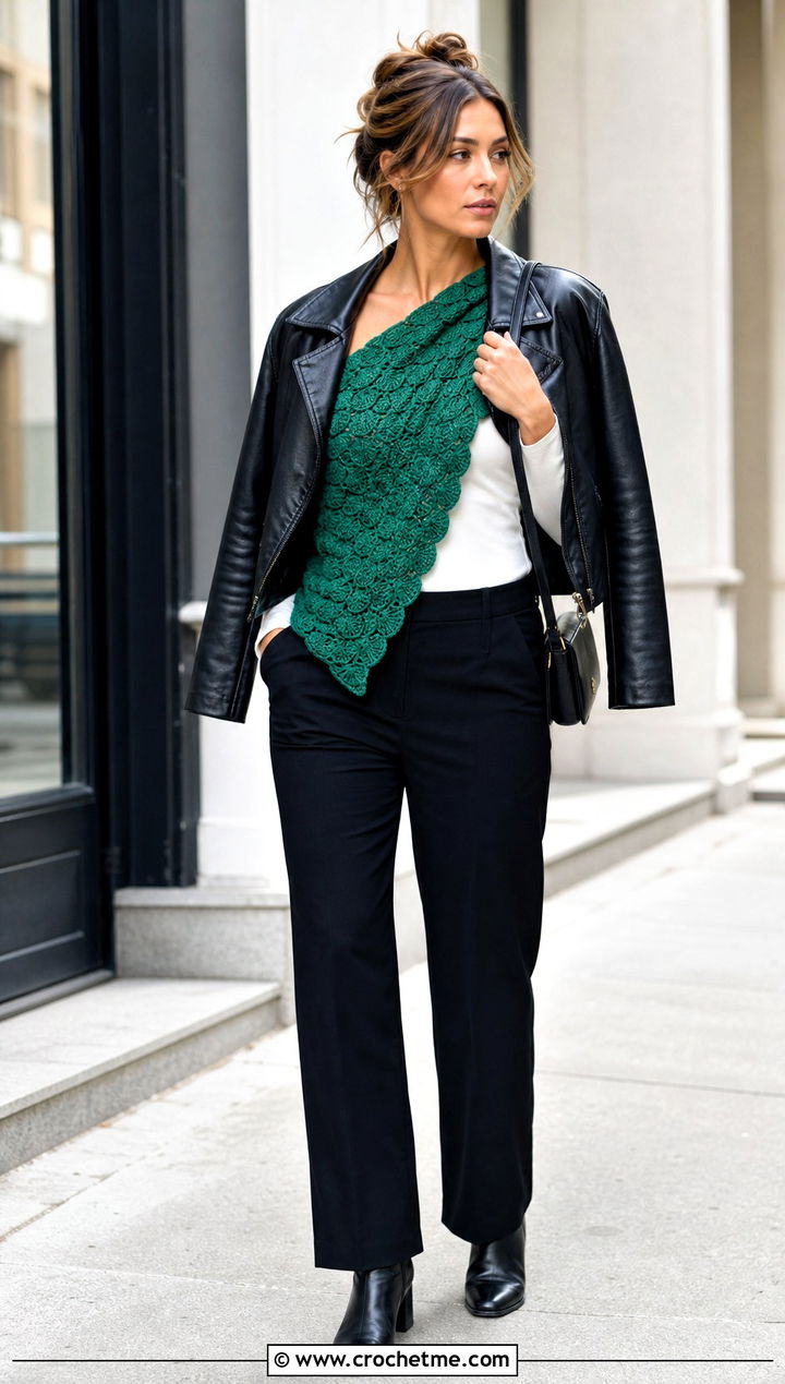 Asymmetrical Shell Shawl With Leather Jacket - 20 Crochet Shell Shawl outfit ideas