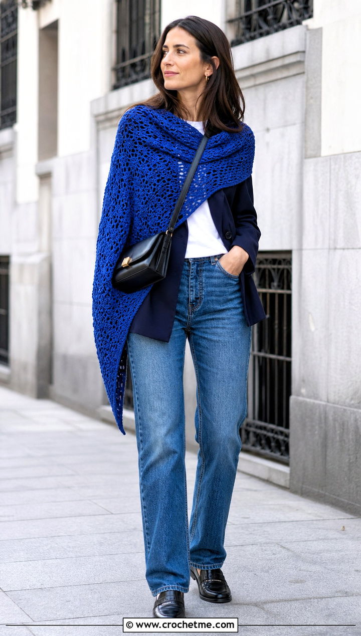 Asymmetrical Sideways Crochet Shawl With Jeans And Blazer - 25 Sideways Crochet Shawl outfit ideas