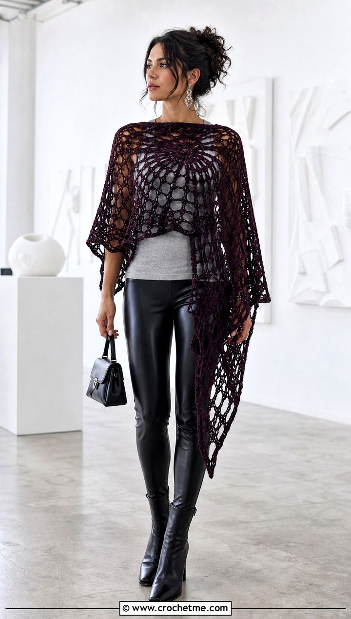 Asymmetrical Spider Web Crochet Poncho With Leather Leggings - 20 Spider Web Crochet Poncho outfit ideas