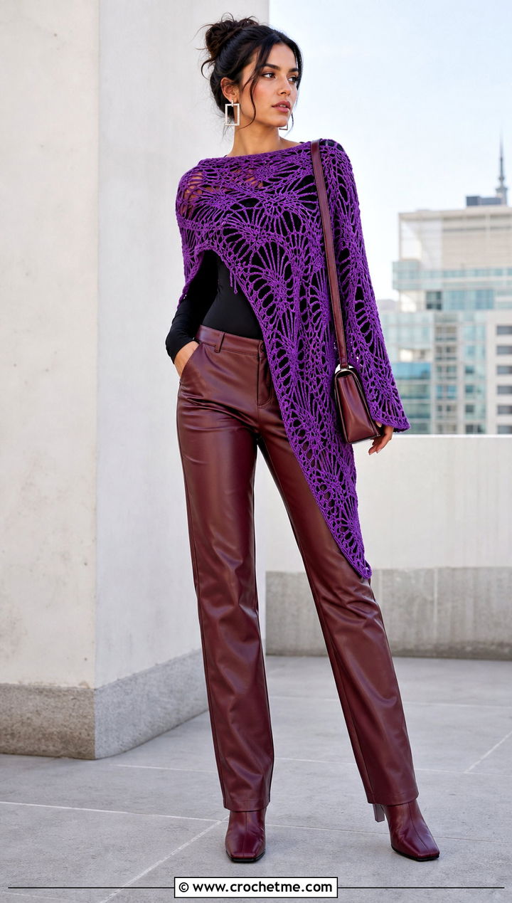 Asymmetrical Spiderweb Crochet Shawl With Leather Pants - 30 spiderweb crochet shawl outfit ideas