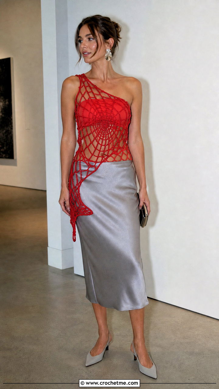 Asymmetrical Spiderweb Crochet Top With Satin Midi Skirt - 35 spiderweb crochet top outfit ideas