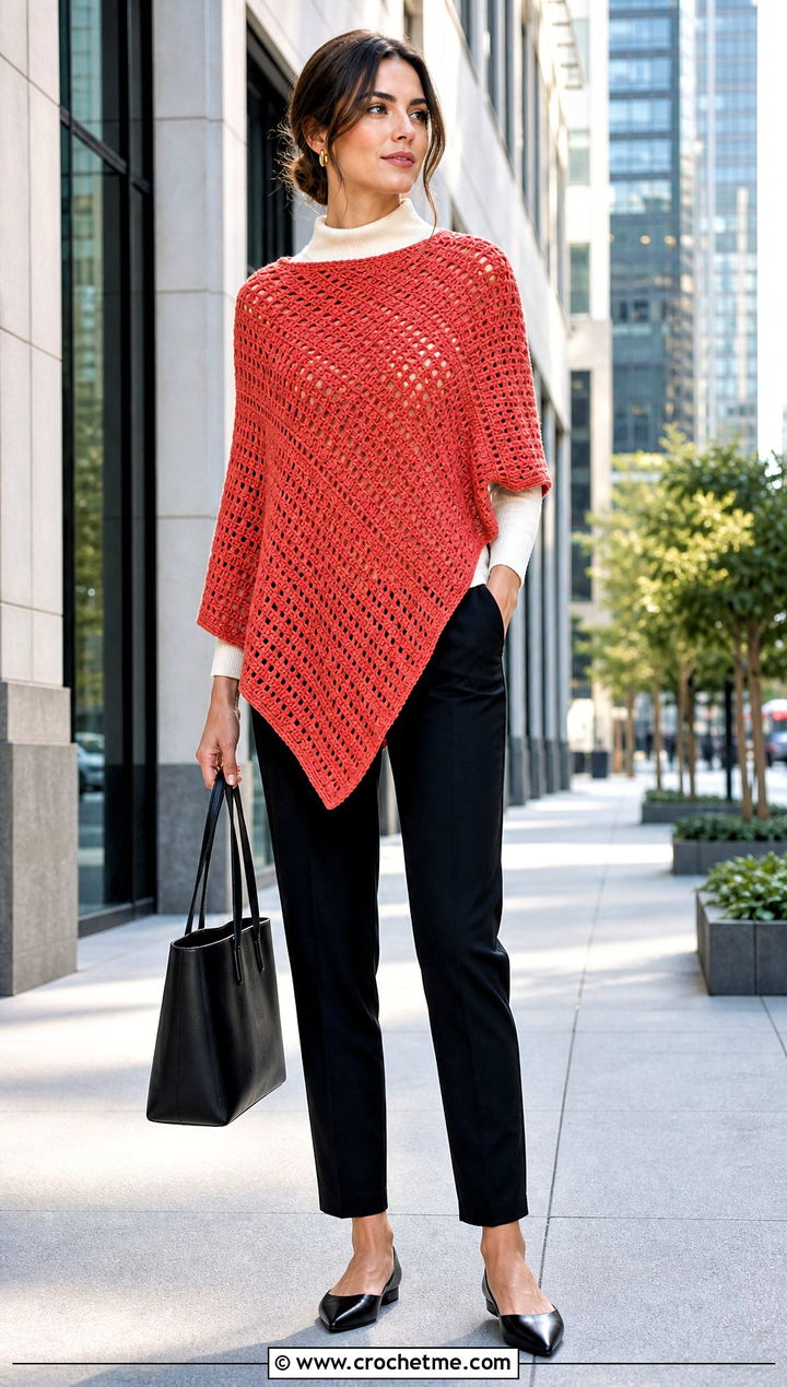 Asymmetrical Square Poncho With Cigarette Pants - 30 crochet square poncho outfit ideas