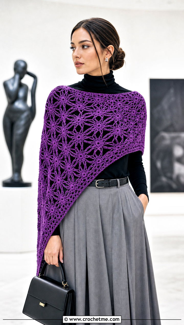 Asymmetrical Star Crochet Shawl With Midi Skirt - 30 star crochet shawl outfit ideas