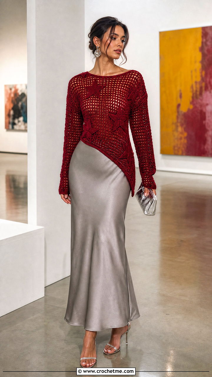 Asymmetrical Star Sweater With Satin Maxi Skirt - 35 crochet star sweater outfit ideas