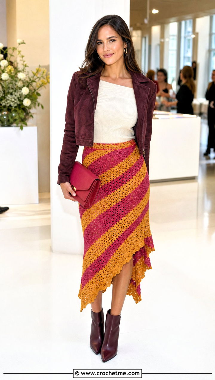 Asymmetrical Striped Crochet Skirt With Fitted Knit Top - 25 striped crochet skirt outfit ideas