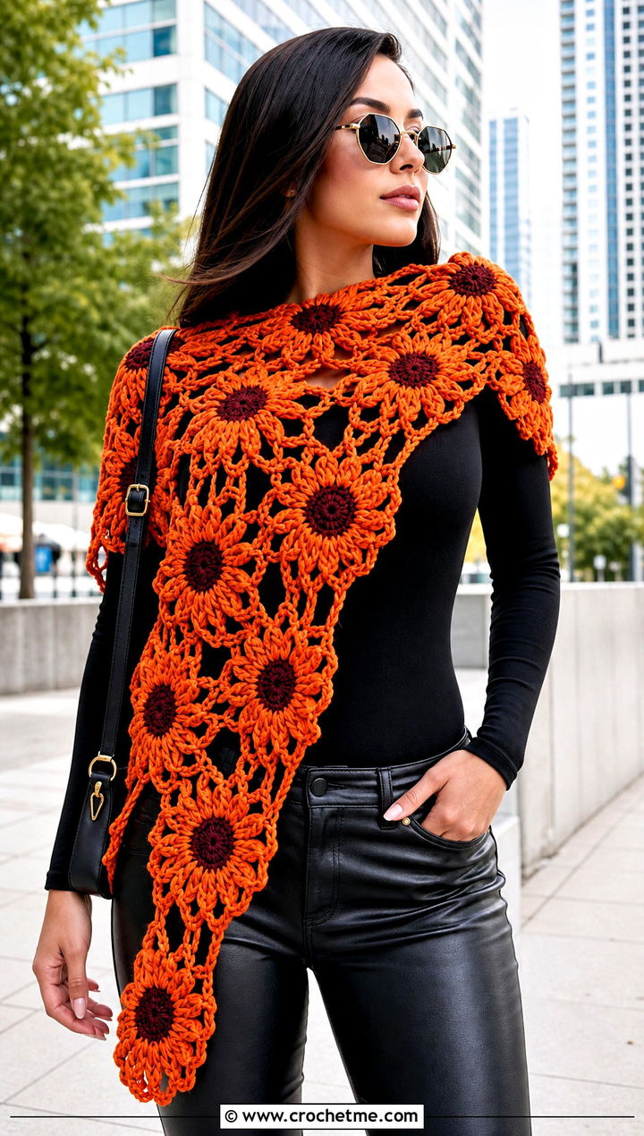 Asymmetrical Sunflower Crochet Shawl With Leather Pants - 20 Sunflower Crochet Shawl outfit ideas