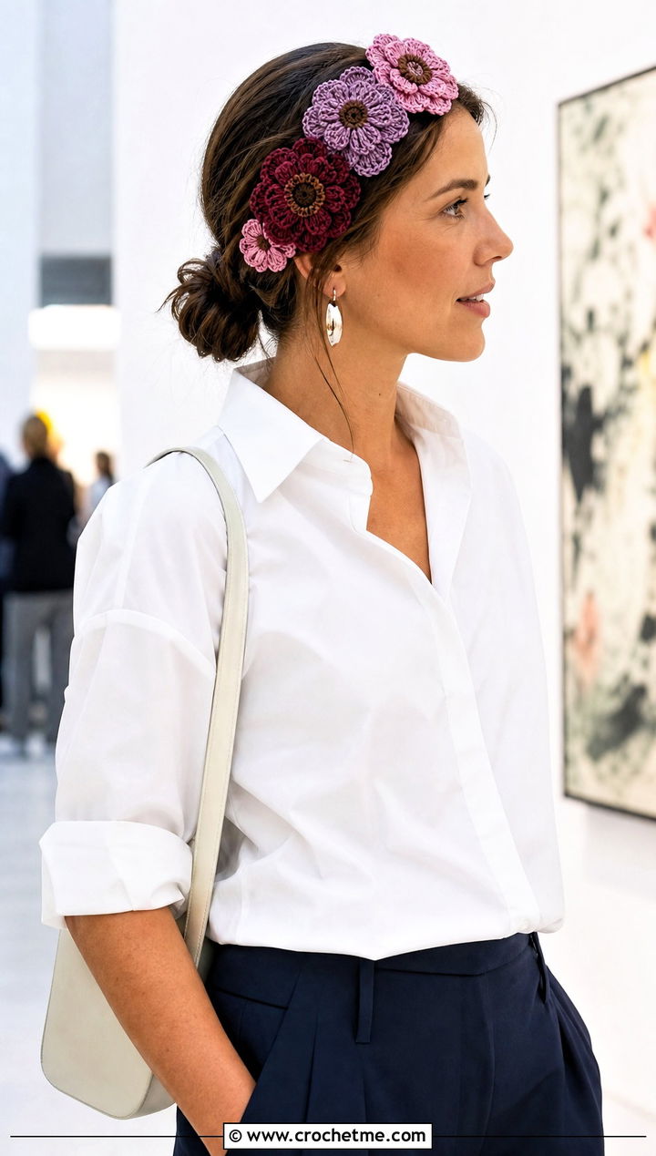 Asymmetrical Sunflower Headband With White Shirt - 25 Crochet Sunflower Headband outfit ideas