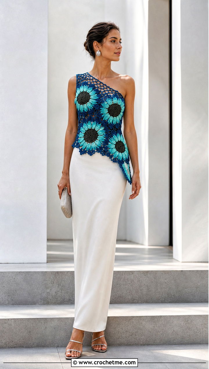 Asymmetrical Sunflower Top With Column Skirt - 35 crochet sunflower top outfit ideas