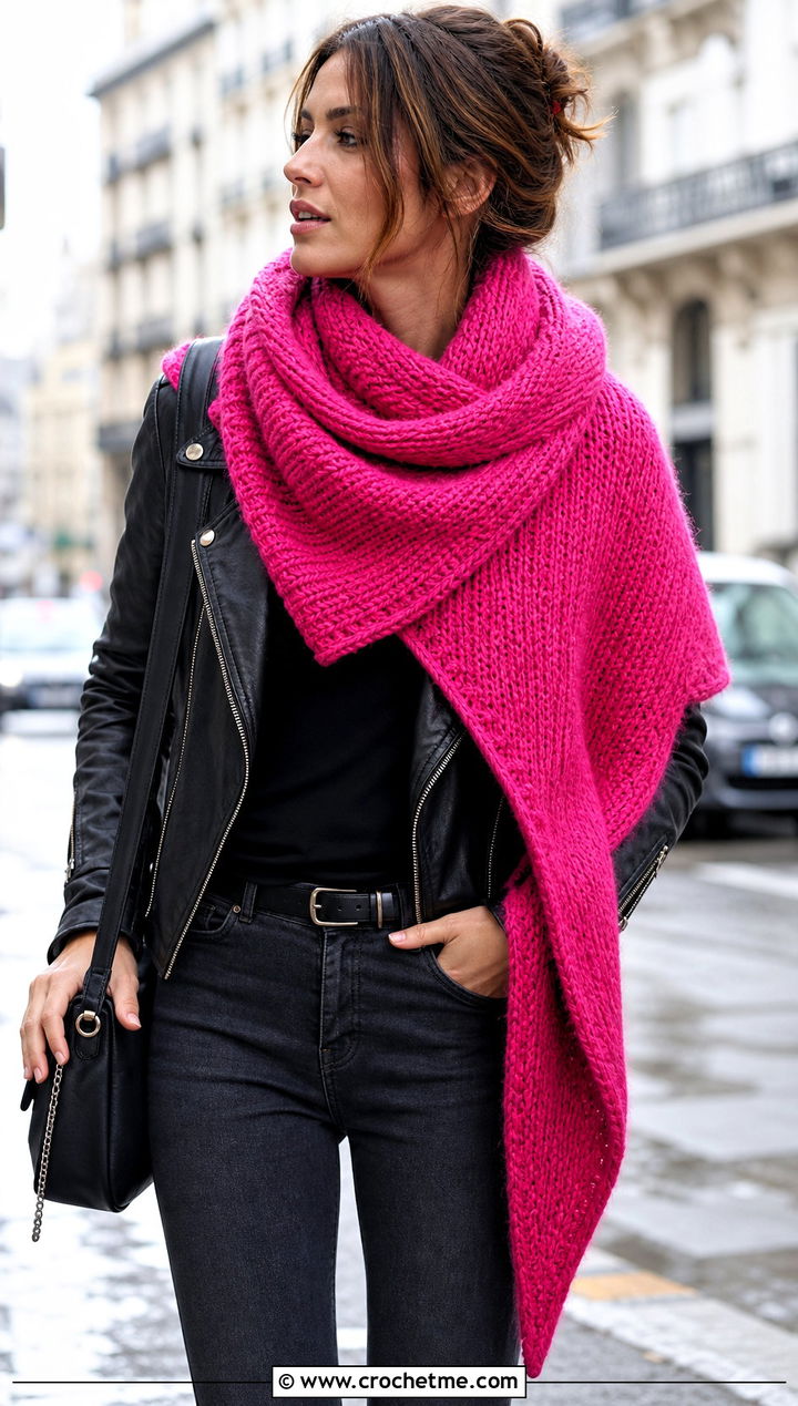 Asymmetrical Triangle Chunky Shawl With Leather Jacket - 25 Crochet Chunky Shawl outfit ideas