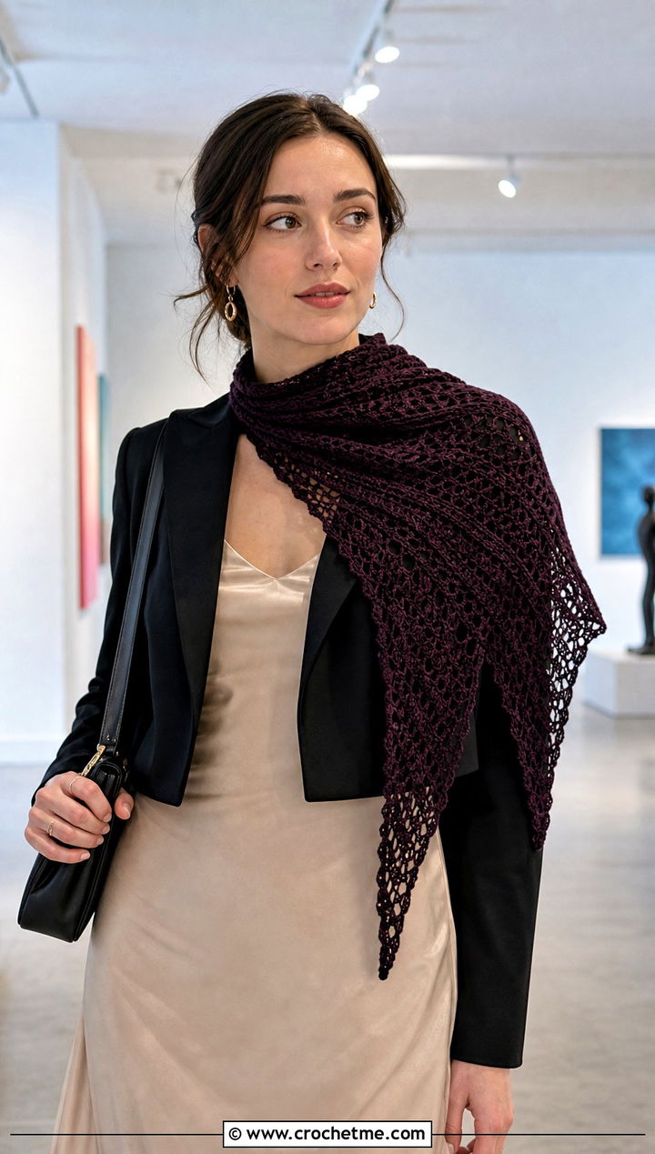 Asymmetrical Triangle Crochet Scarf With Slip Dress - 15 Boho Triangle Crochet Scarf outfit ideas