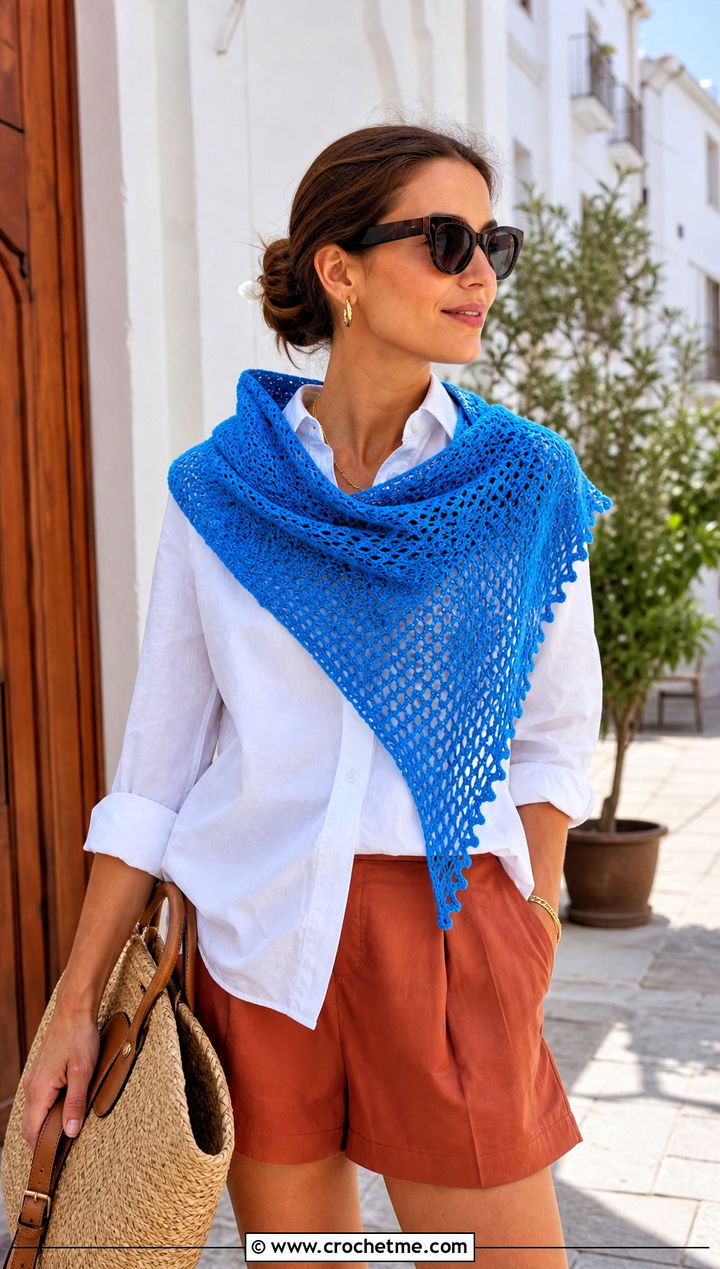 Asymmetrical Triangle Crochet Shawl With Button Down Shirt And Tailored Shorts - 35 triangle crochet shawl outfit ideas