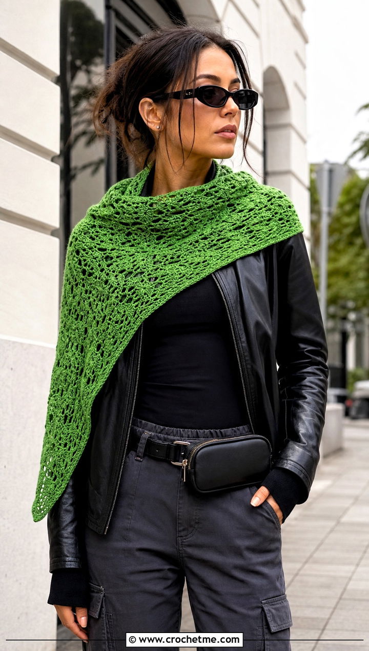 Asymmetrical Triangle Crochet Shawl With Leather Jacket - 20 Light Weight Crochet Shawl outfit ideas