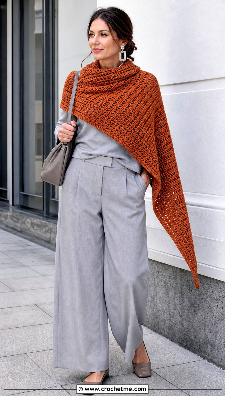 Asymmetrical Triangle Crochet Shawl With Monochrome Outfit - 25 triangle crochet shawls outfit ideas