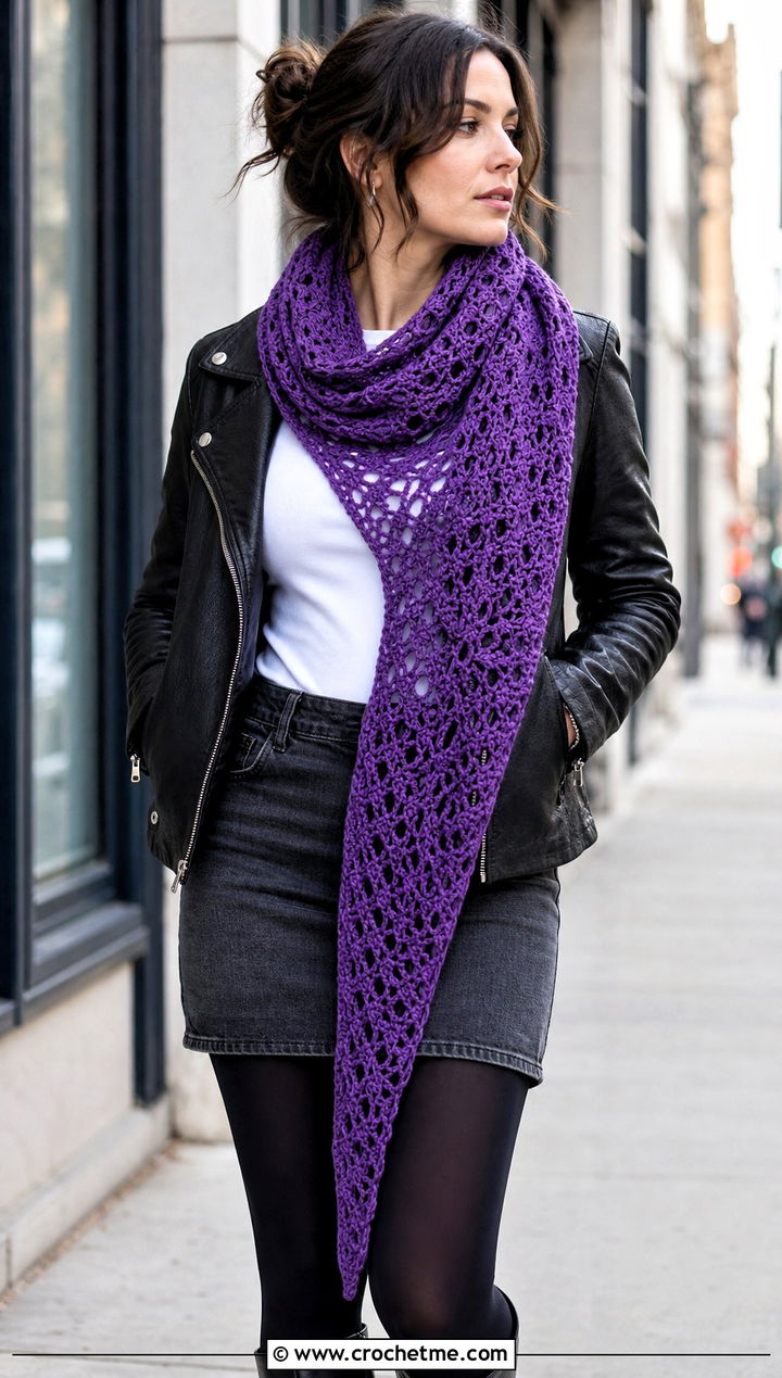 Asymmetrical Triangle Crochet Shawl With Moto Jacket And Mini Skirt - 30 easy triangle crochet shawl outfit ideas