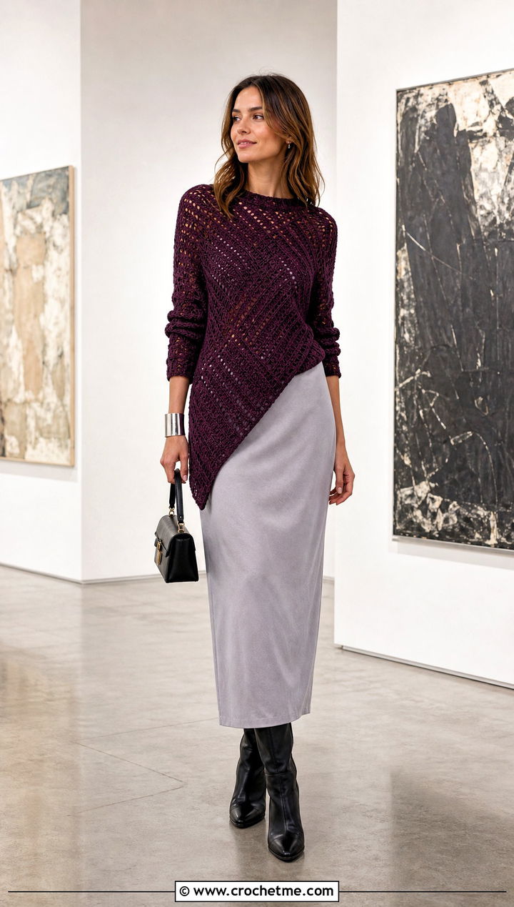 Asymmetrical Triangle Crochet Sweater With Column Skirt - 15 triangle crochet sweater outfit ideas