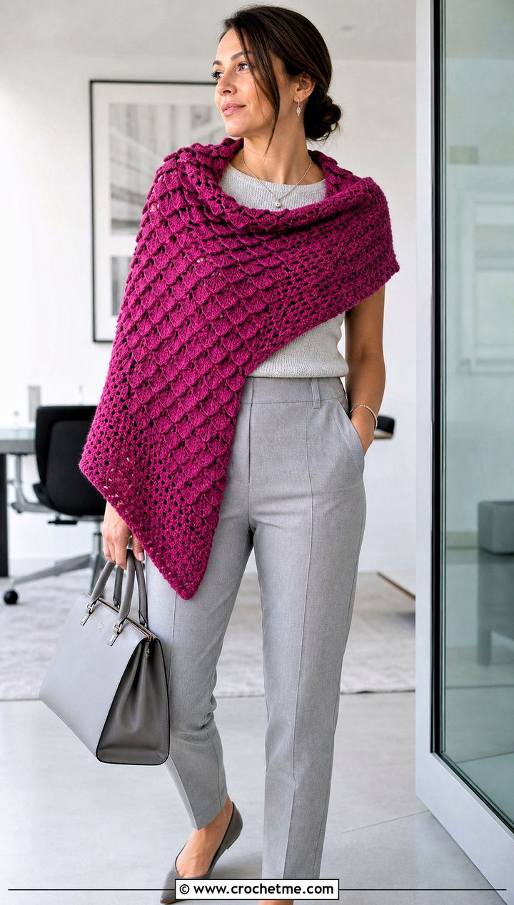 Asymmetrical Triangle Crocodile Stitch Shawl With Tailored Trousers - 15 crocodile stitch crochet shawl outfit ideas