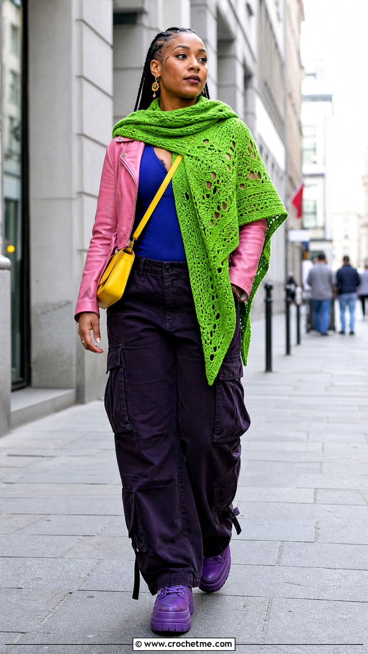 Asymmetrical Triangle Shawl With A Leather Jacket - 35 crochet shawl outfit ideas