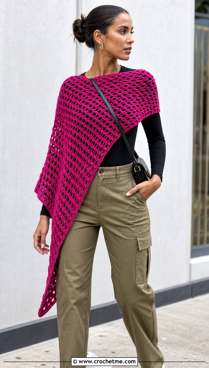 Asymmetrical Triangle Shawl With Cargo Pants - 25 Vintage Crochet Shawl outfit ideas