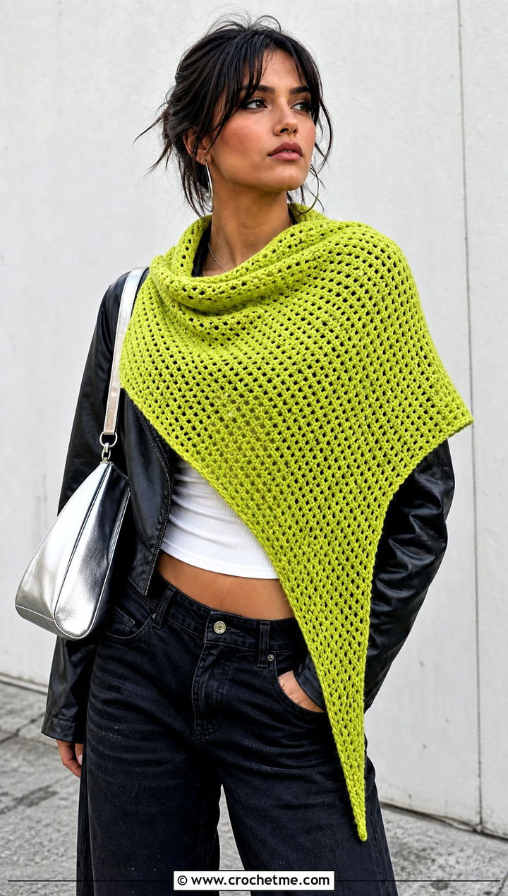 Asymmetrical Triangle Shawl With Leather Jacket - 25 beautiful crochet shawls and wraps outfit ideas