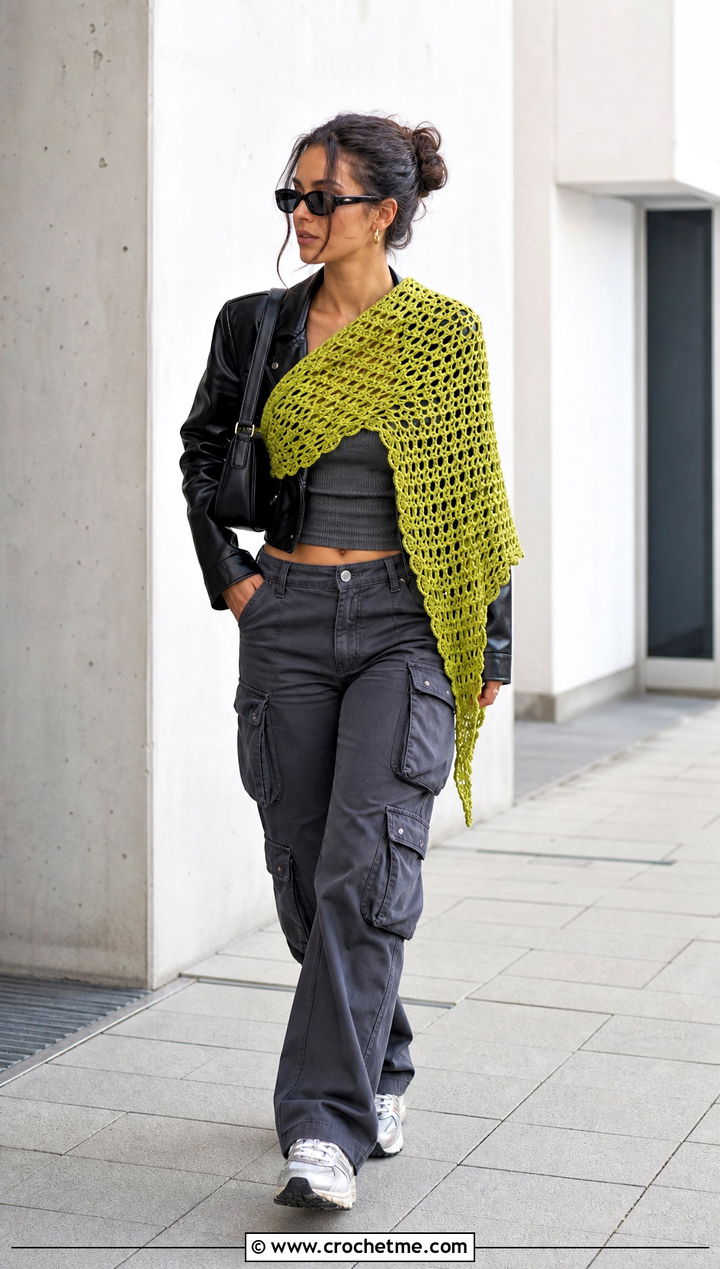 Asymmetrical Triangle Shawl With Leather Jacket And Cargo Pants - 35 Easy Simple Crochet Triangle Shawl outfit ideas