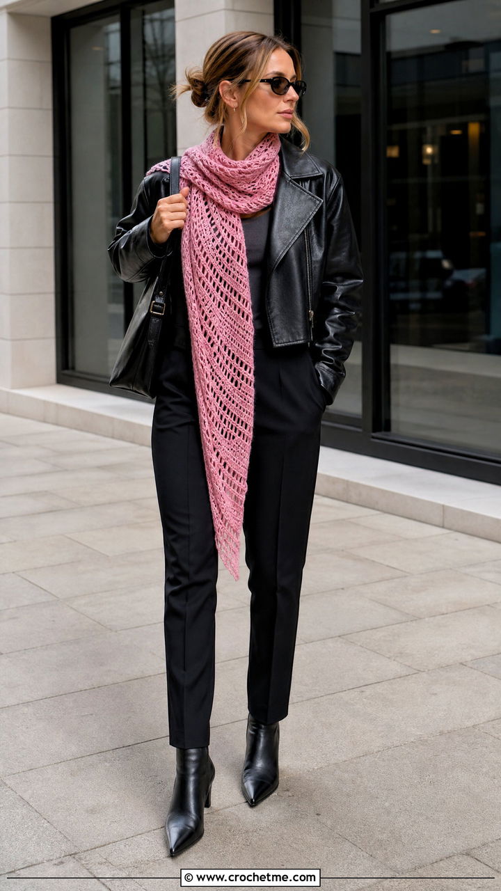 Asymmetrical Triangle Shawl With Leather Jacket - 35 crochet triangle shawl outfit ideas