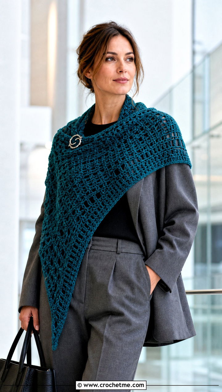 Asymmetrical Triangular Crochet Shawl With Blazer - 25 triangular crochet shawl outfit ideas