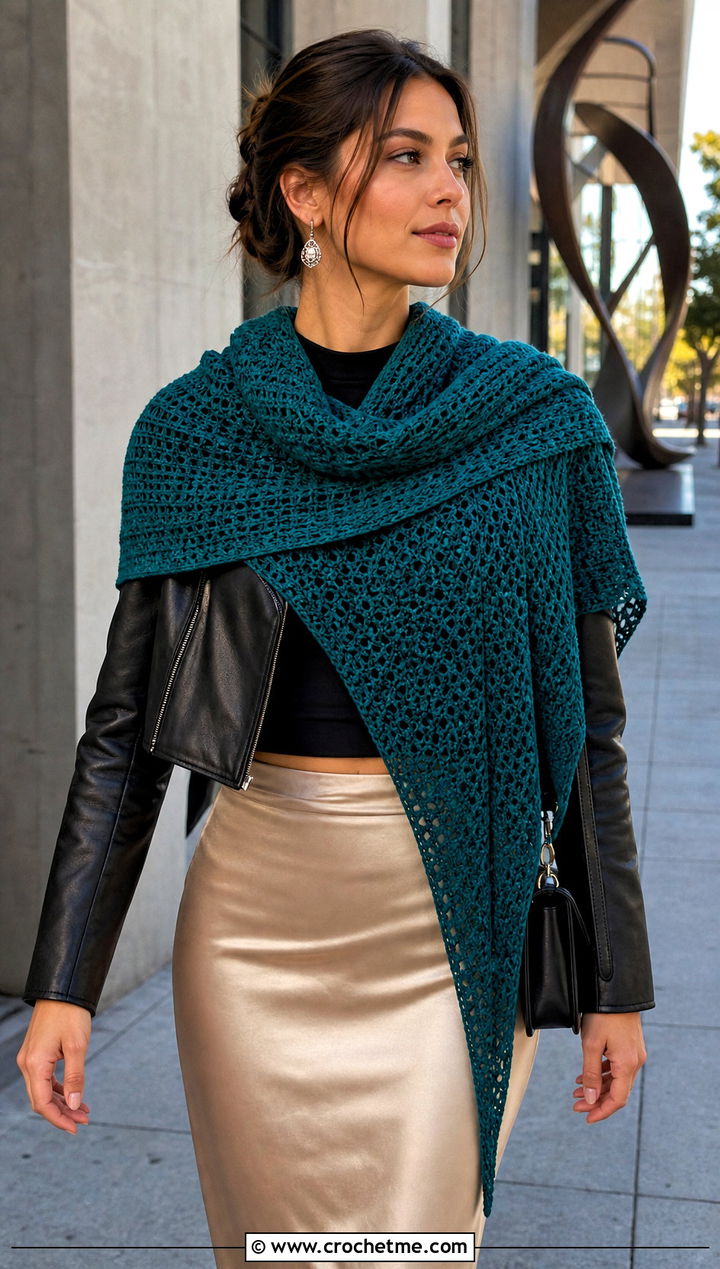 Asymmetrical Tunisian Crochet Triangle Shawl With Leather Jacket - 25 Tunisian Crochet Triangle Shawl outfit ideas