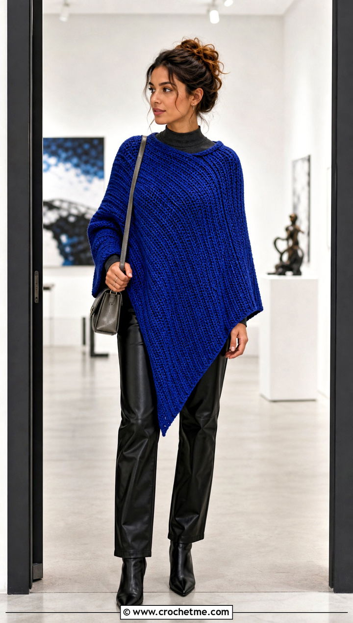 Asymmetrical Tunisian Poncho With Leather Pants - 30 tunisian crochet poncho outfit ideas