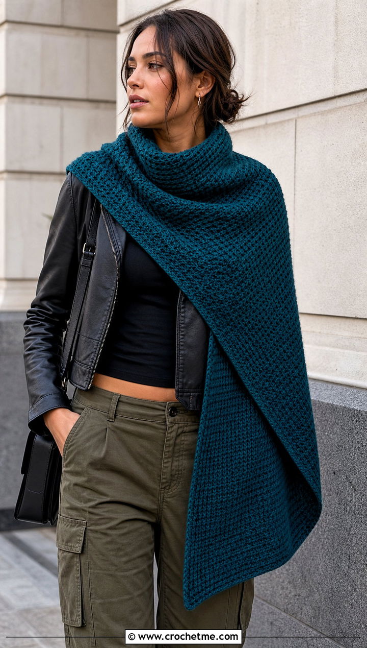 Asymmetrical Tunisian Waffle Shawl With Leather Jacket - 15 Waffle Crochet Shawl outfit ideas