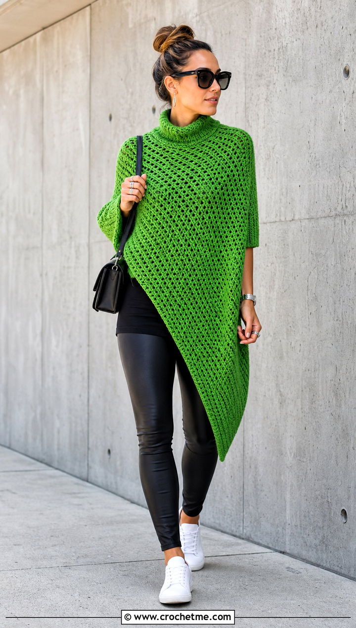 Asymmetrical Turtle Neck Crochet Poncho With Leather Leggings - 25 Turtle Neck Crochet Poncho outfit ideas