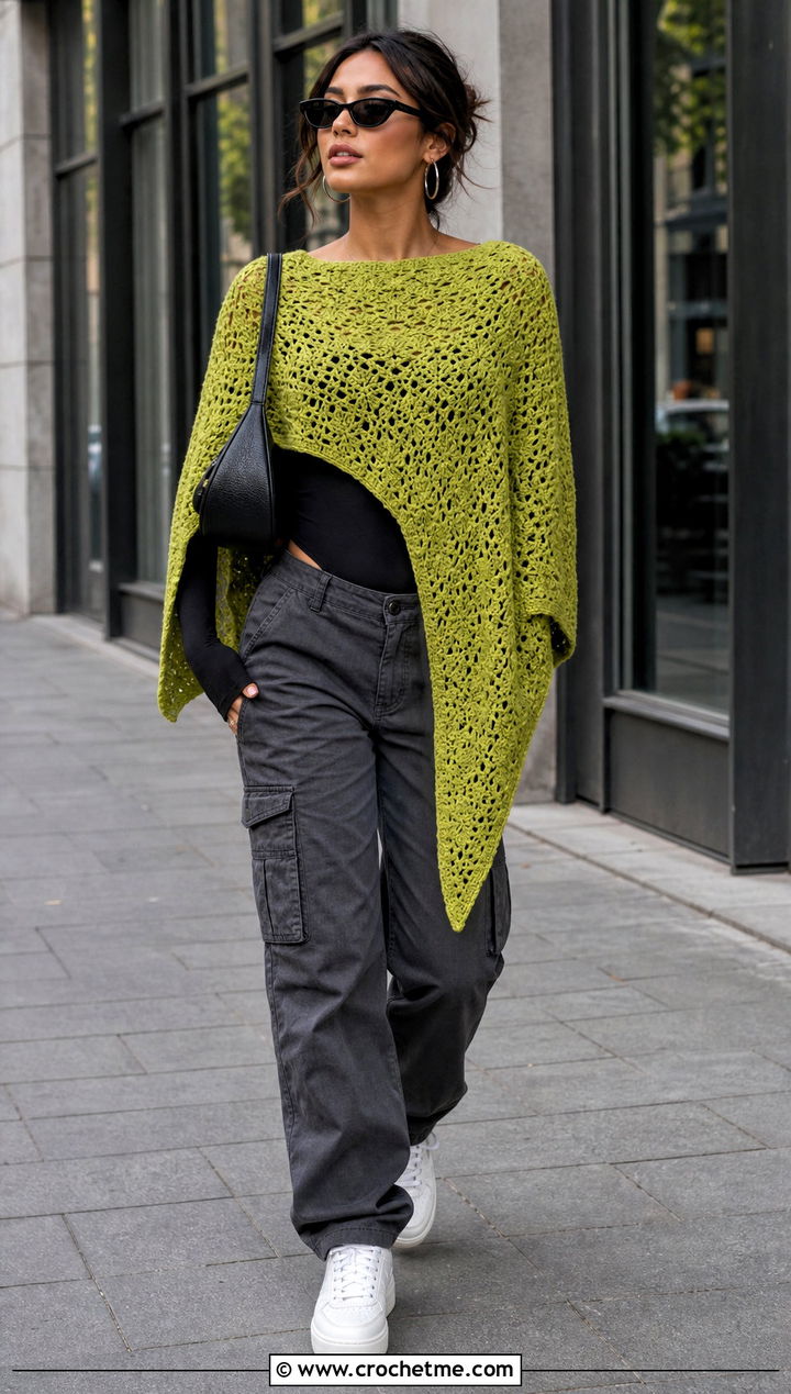 Asymmetrical Uptown Crochet Poncho With Cargo Pants - 15 Uptown Crochet Poncho outfit ideas