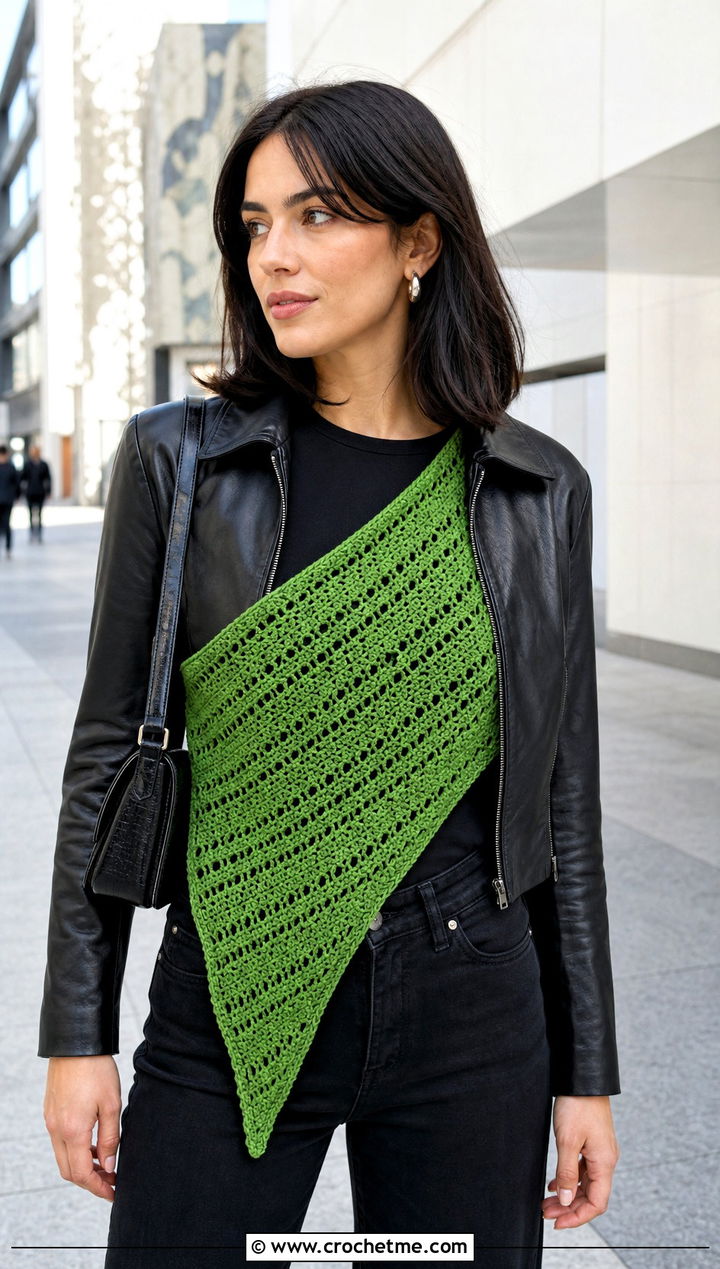 Asymmetrical V Stitch Crochet Shawl With Leather Jacket - 25 V Stitch Crochet Shawl outfit ideas