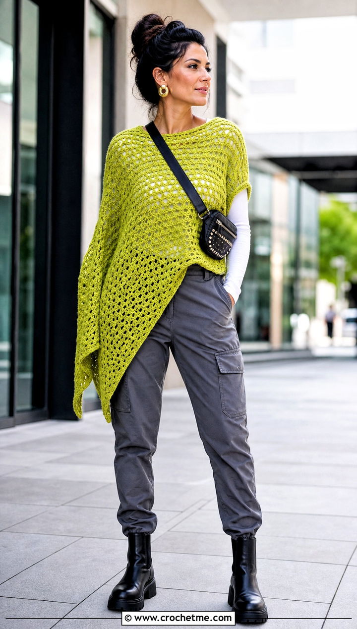 Asymmetrical Vintage Crochet Poncho With Cargo Pants - 15 Vintage Crochet Poncho outfit ideas
