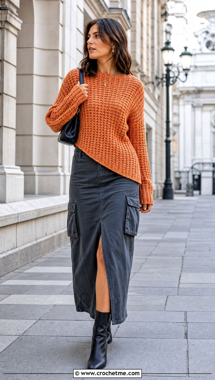 Asymmetrical Waffle Stitch Crochet Sweater With Cargo Maxi Skirt - 30 waffle stitch crochet sweater outfit ideas