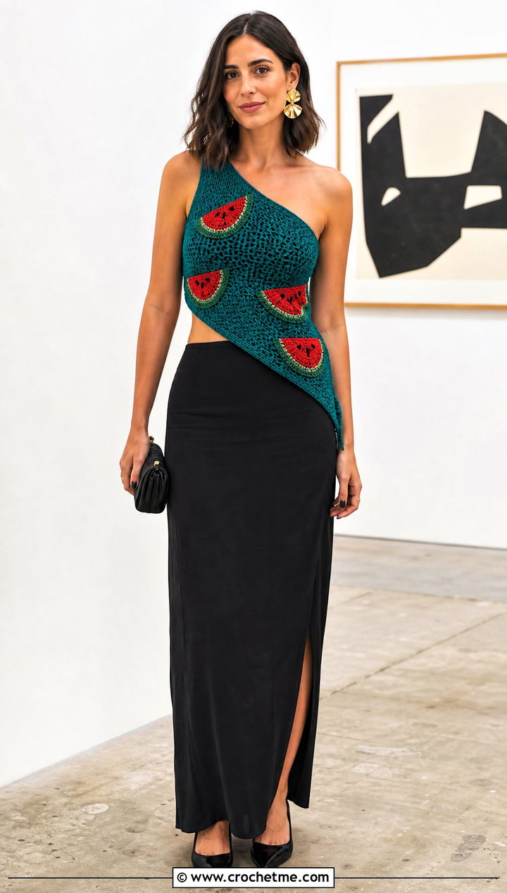 Asymmetrical Watermelon Crochet Top With Tailored Maxi Skirt - 30 watermelon crochet top outfit ideas