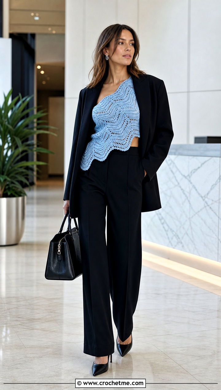 Asymmetrical Wave Crochet Top With Black Suit - 25 wavy crochet top outfit ideas