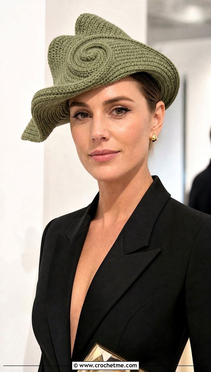 Asymmetrical Wavy Swirl Crochet Hat With Blazer Dress - 30 crochet swirl hat outfit ideas