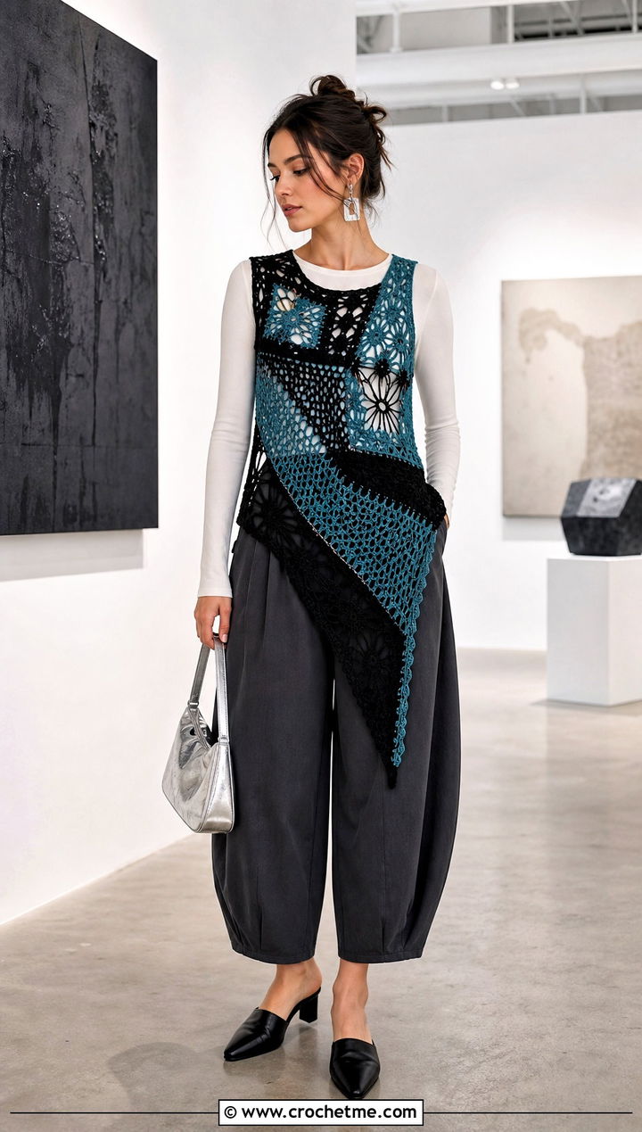 Asymmetrical Wednesday Crochet Vest With Barrel Pants - 30 wednesday crochet vest outfit ideas