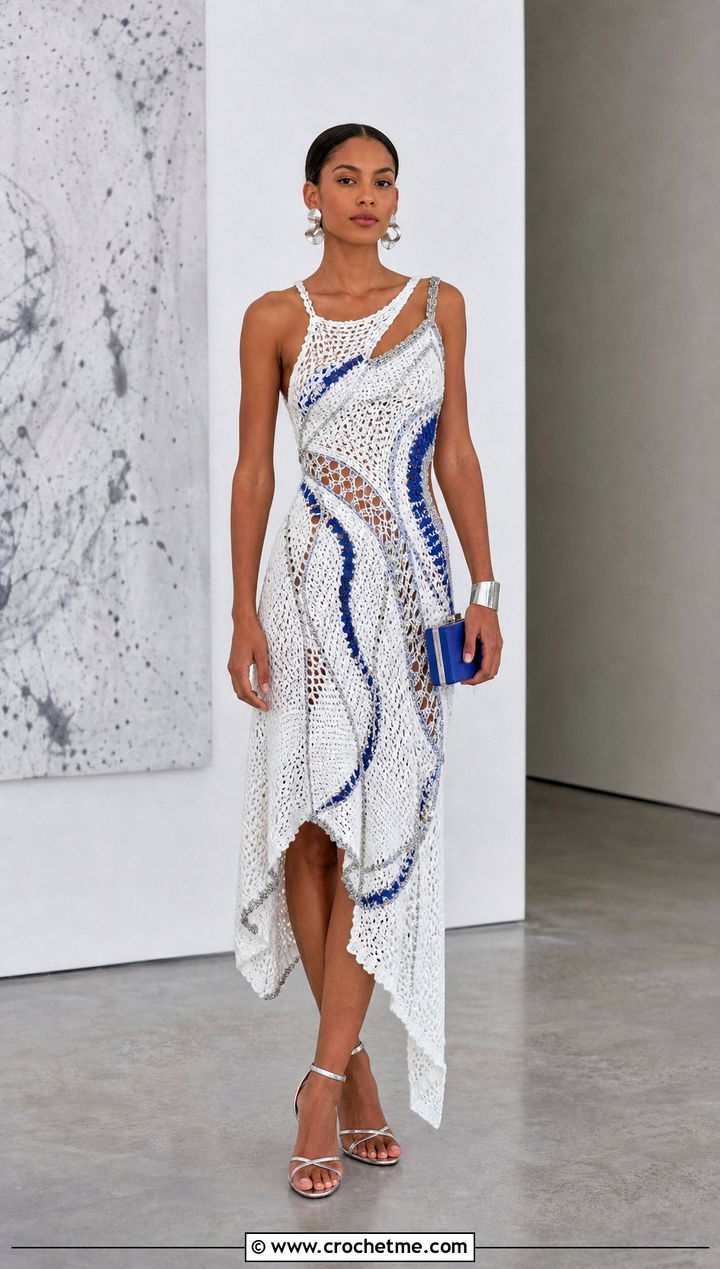 Asymmetrical White Crochet Midi Dress With Metallic Sandals - 20 White Crochet Midi Dress outfit ideas
