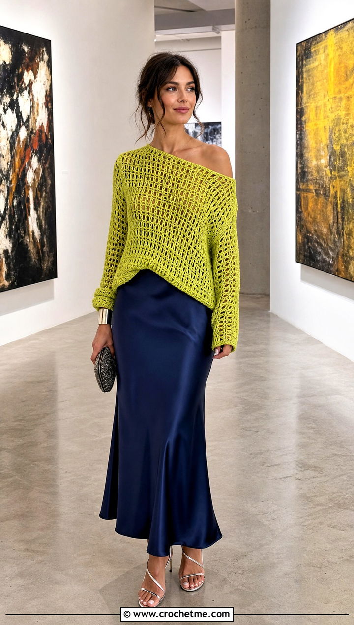 Asymmetrical Wide Neck Crochet Sweater With Slip Skirt - 15 Crochet Wide Neck Sweater outfit ideas