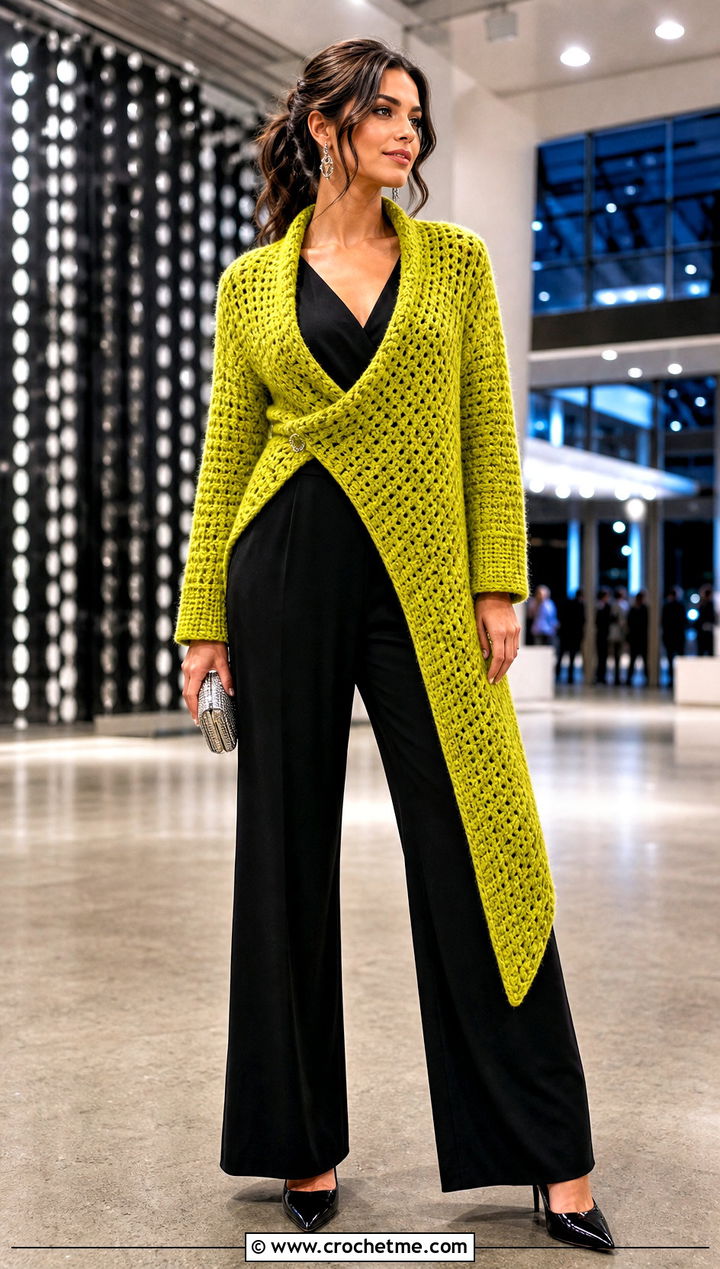 Asymmetrical Wrap Blanket Crochet Cardigan With Jumpsuit - 25 blanket crochet cardigan outfit ideas