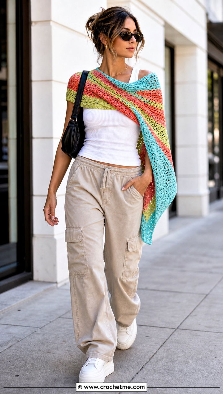 Asymmetrical Wrap With Cargo Pants And Sneakers - 15 Colorful Striped Crochet Wrap outfit ideas