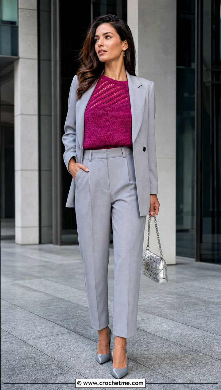 Asymmetrical Yoke Crochet Shirt With Monochrome Suit - 15 Crochet Yoke Shirt outfit ideas