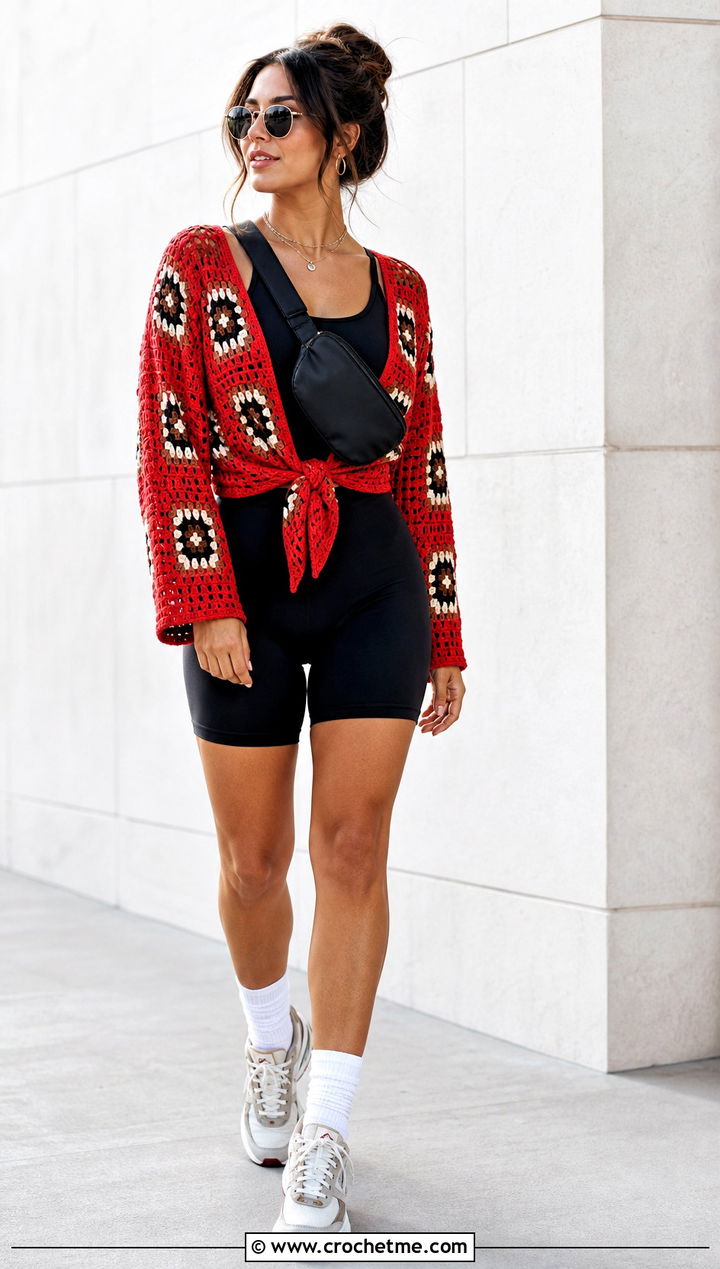 Athletic Granny Square Wrap Top With Biker Shorts - 35 granny square wrap top outfit ideas