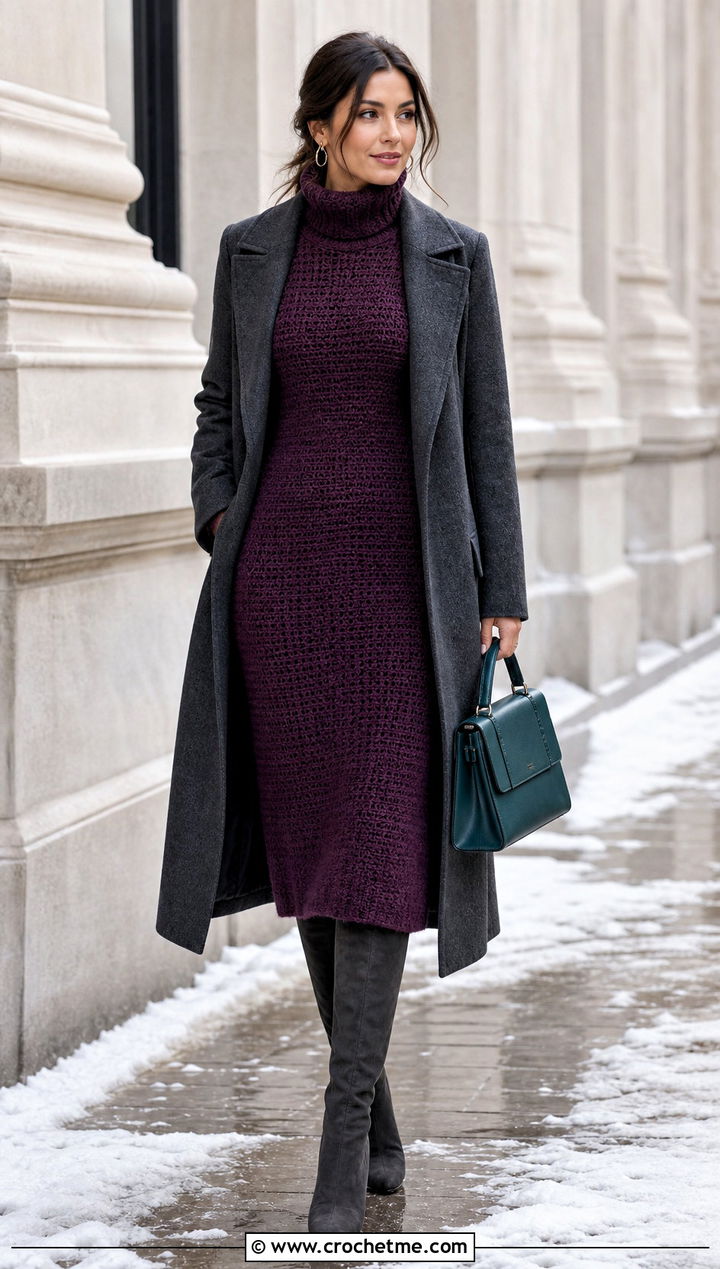 Aubergine Crochet Turtleneck Dress With Knee High Boots - 35 purple crochet dress outfit ideas