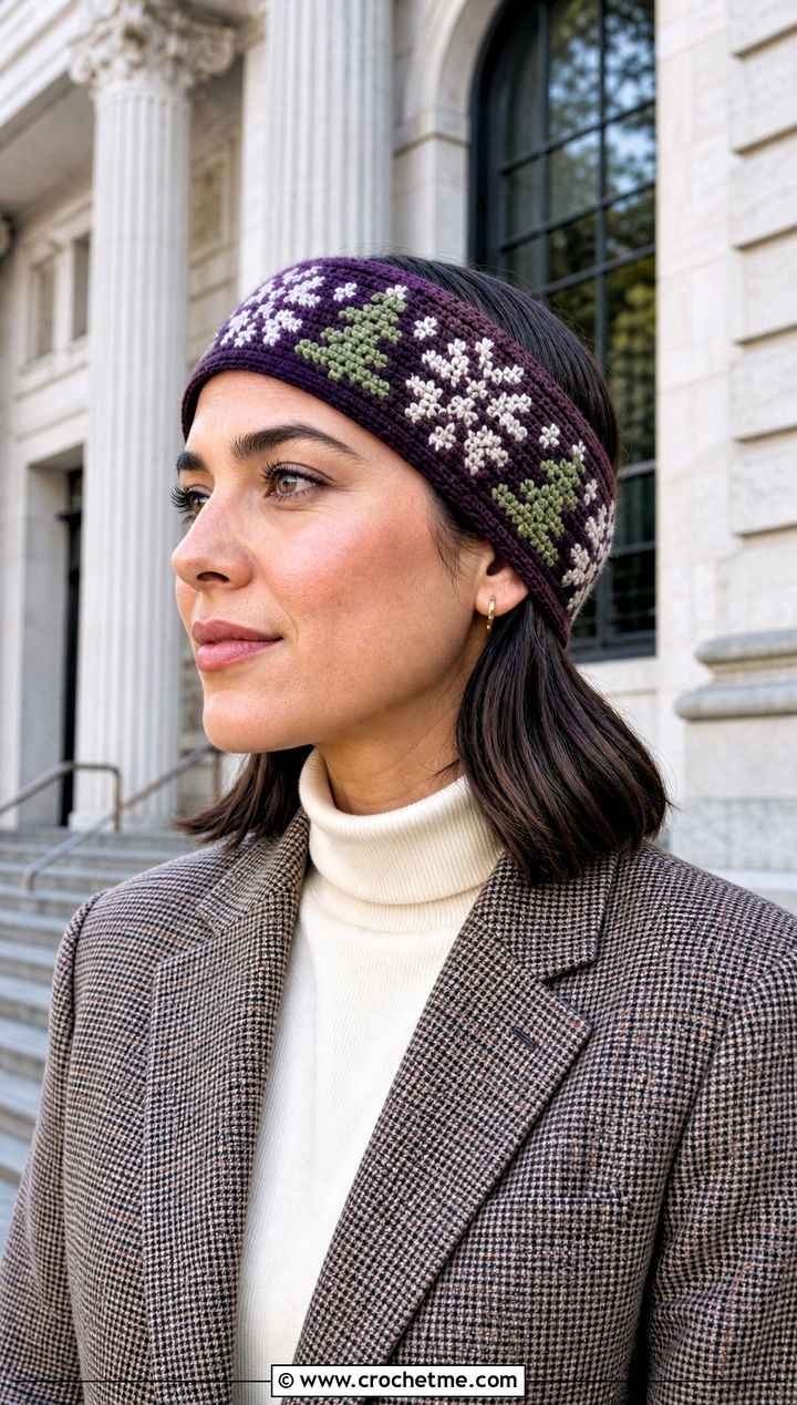 Aubergine Mosaic Crochet Winter Wonderland Headband With Plaid Blazer - 15 Mosaic Crochet Winter Wonderland Headband outfit ideas