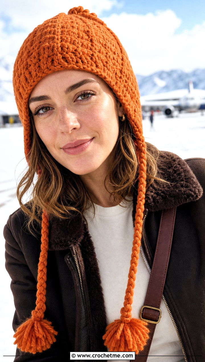 Aviator Crochet Hat With Braided Tassels And Flight Jacket - 30 crochet hat with braids outfit ideas