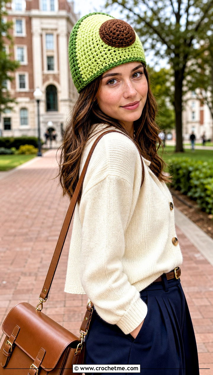 Avocado Crochet Beanie With A Cardigan And Trousers - 30 funny crochet hat outfit ideas