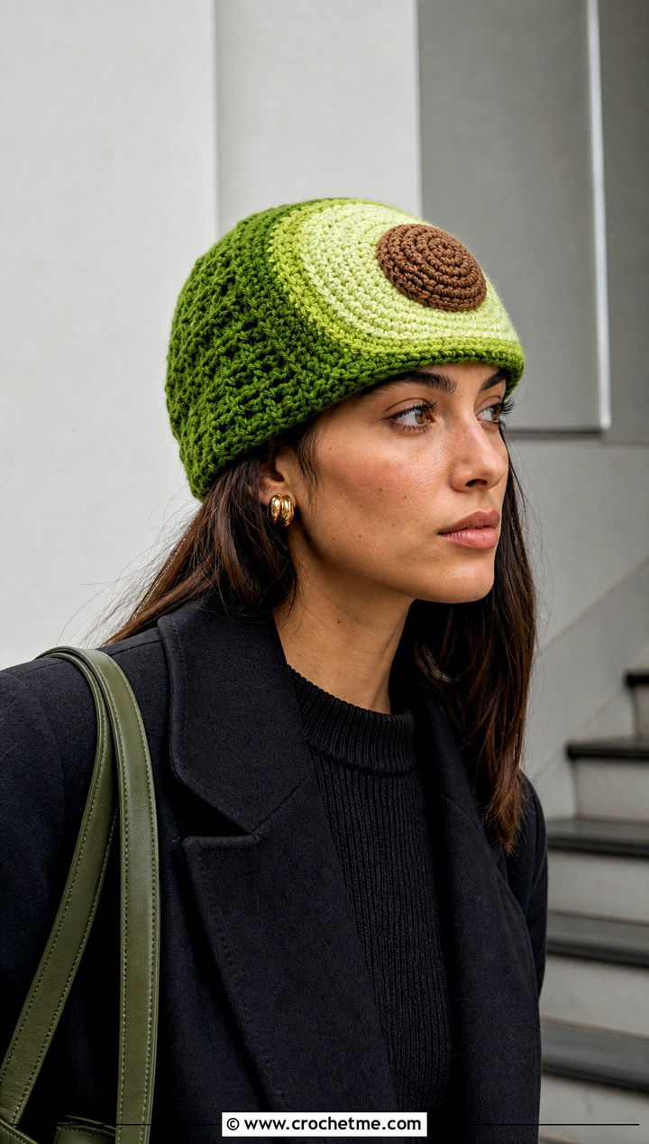 Avocado Crochet Beanie With Minimalist Basics - 30 crochet fruit beanie outfit ideas