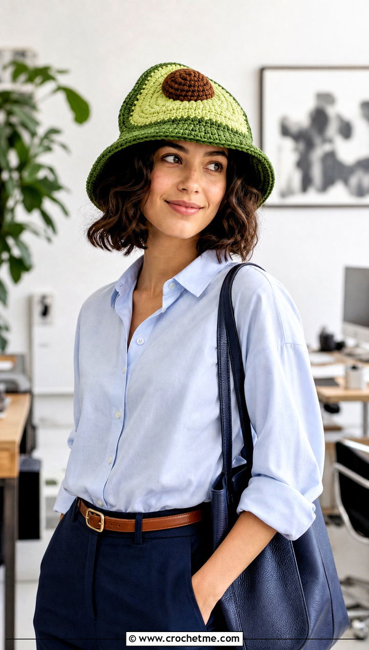 Avocado Crochet Fruit Bucket Hat With Office Outfit - 25 crochet fruit bucket hat outfit ideas